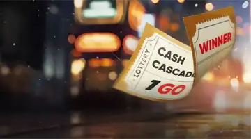 Лотерейный билет с надписью Cash Cascade и Winner от Mellstroy Casino, подчеркнутый огнями большого города
